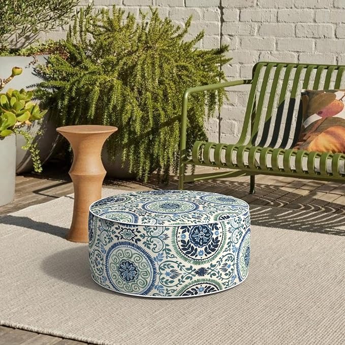 Outdoor Patio Inflatable Ottoman, 21x9 Inch Portable Stool Ottoman with Handle, Round Footrest Stool for Home Garden Camping, Celadon Wreath