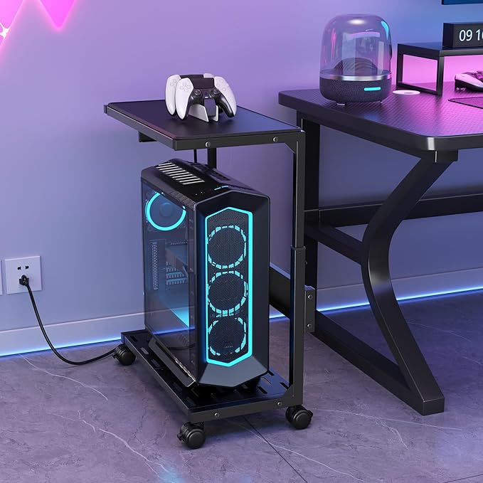 Aquzee PC Stand, Adjustable Computer Tower Stand on Wheels, Heavy Duty Metal Computer Case Cart with Power Strip, Under Desk Rolling PC Holder for Floor Carpet, Gaming Home Office Bedroom, Black