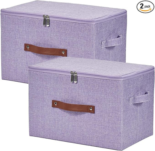 2 Pack Storage Bins with Zipper Lid Cotton Linen Fabric Lidded Storage Baskets Boxes Foldable Washable Closet Shelf Clothes Organizer Container with PU Leather Handles (Purple, Large)