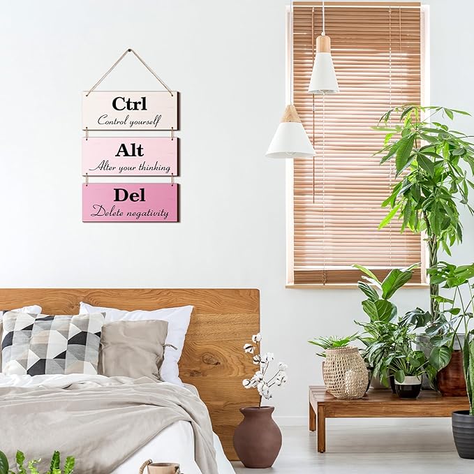 Qunclay 3 Pcs Office Wall Decor Pink Wood Rustic Hanging Cubicle Decor Summer Inspirational Ctrl Alt Del Sign Decoration for Bathroom Indoor Home Living Room