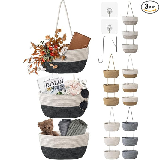 3 Tier Wall Mounted Woven Hanging Basket, Over the Door Hanging Basket with Hooks, Decorative Storage Hanging Closet Removable, Large Wall Basket for Living Room, Kitchen (White & Gray)