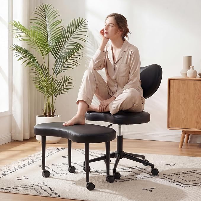 Cross Legged Office Chair, 360° Swivel Yoga Meditation Chair, Ergonomic Height Adjustable ADHD Criss Cross Office Chair with Wheels, Lumbar Support for Home Office, Black