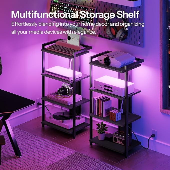 HOOBRO 4-Tier AV Media Stand with Charging Station and LED Light, Wooden Stereo Stand, Rack Audio Tower, Corner TV Stand, Entertainment Device, Black BB38UDCJ01