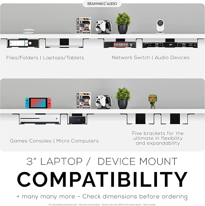 BRAINWAVZ Twin Under Desk Laptop & Device Holder Mount, Adhesive & Screw in, Devices Upto 3" Like Small Computers Laptops MacBook Surface Keyboard Routers Modems Cable Box Network Switch & More.