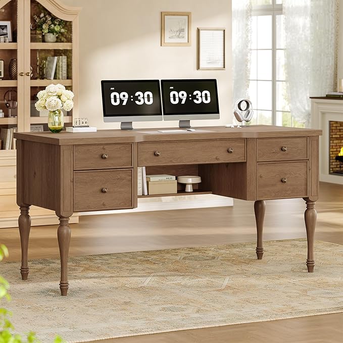 59in Wood Executive Desk with 4 Drawers, Farmhouse Home Office Desks with File Cabinet & Keyboard, Vintage Desk with Privacy Panel and Storage Shelf, Retro Desks for Working, Writing, Studying