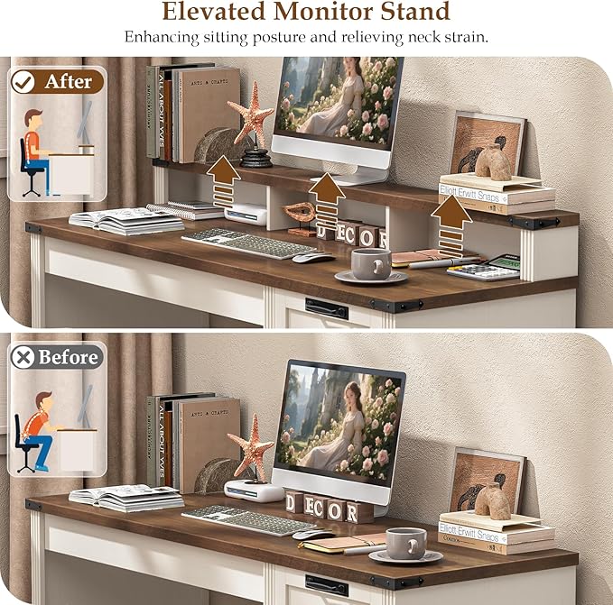 Vabches 55" Farmhouse Executive Desk with 3 Drawers, Wooden Computer Desk with Keyboard Tray, Home Office Desk with File Drawer (Fits A4 Size) for Work and Study, White and Brown