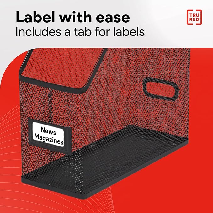 TRU RED Metal Magazine File Organizer, Black – Top‑Loading Desktop File Holder with Handle, Holds Up to 1000 Sheets