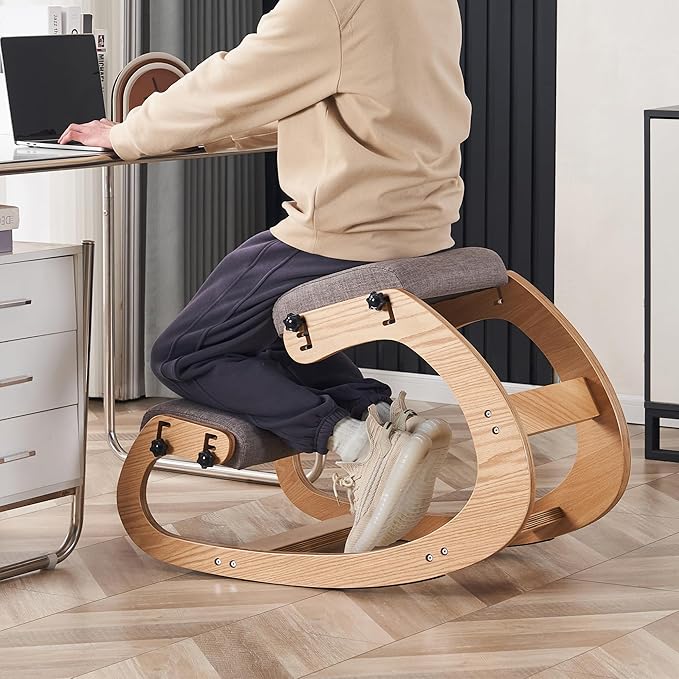 Ergonomic Kneeling Chair, Adjustable Rocking Office Chair Wooden Knee Chair Posture Chair for Home Office Back Pain Relief, Grey