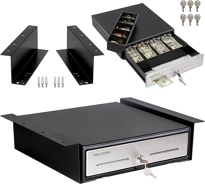 Volcora Cash Register Drawer with Under Counter Mounting Bracket - 13" Cash Drawer for POS, Stainless Steel Front 4 Bill 5 Coin Cash Tray, Removable Coin Tray, 12-24V RJ11/RJ12 Key-Lock, 2 Media Slots