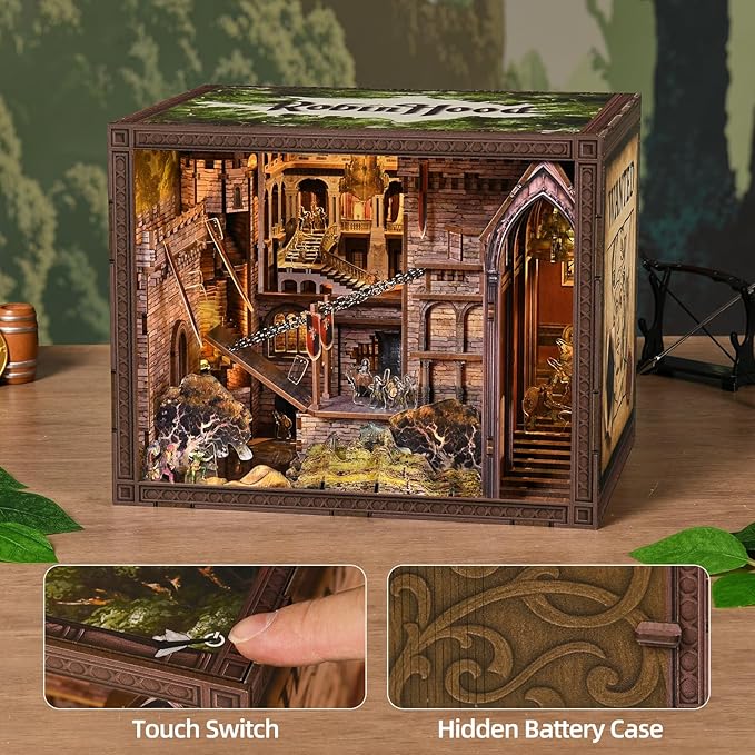 MiniCity DIY Book Nook Kit - The Castle's Escape 3D Miniature Wooden Scene with LED Lights, Dustcover & Tools for Shelf Decor (Robin Hood)