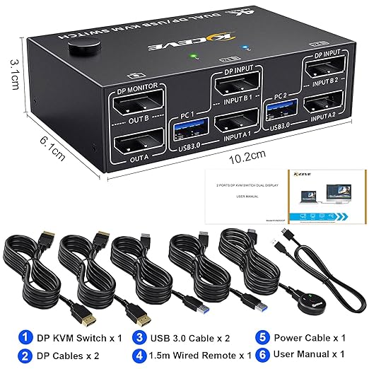 KCEVE KVM Switch 2 Monitors 2 Computers Displayport, USB 3.0 KVM Switch Dual Monitor for 2 Computer Share 4 USB 3.0 Devices, 4K@144Hz, Wired Remote(4K DP 2 in 2 Out KVM)