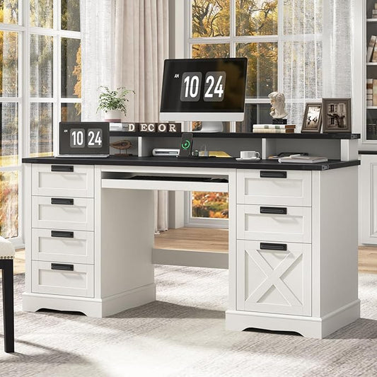 60" Farmhouse Executive Desk with 8 Drawers, Wood Computer Desk with Keyboard Tray and Charging Station, Home Office Desk Writing with File Drawer Fits A4 Size for Work and Study, White and Black