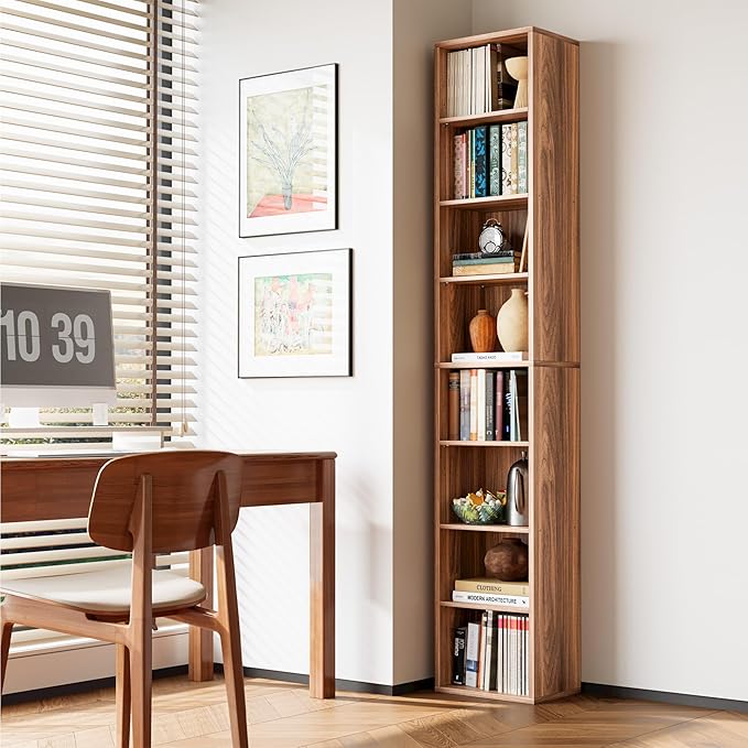 IRONCK Tall Narrow Bookshelf 8 Tiers, Compact Corner Bookcase, Floor Standing Display Storage Shelves 71 in Tall, Easy to Match for Living Room, Office, Study, Bedroom
