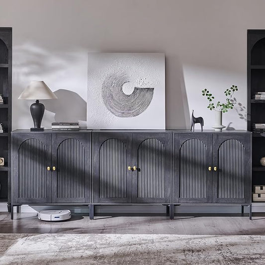 IFGET Modern Buffet Cabinet with Storage, 92.63" W Fluted Arched Sideboard Cabinet w/Adjustable Shelves, Wooden Modular Coffee Bar for Dining Room, Kitchen, Living Room, Entryway, Dark Grey
