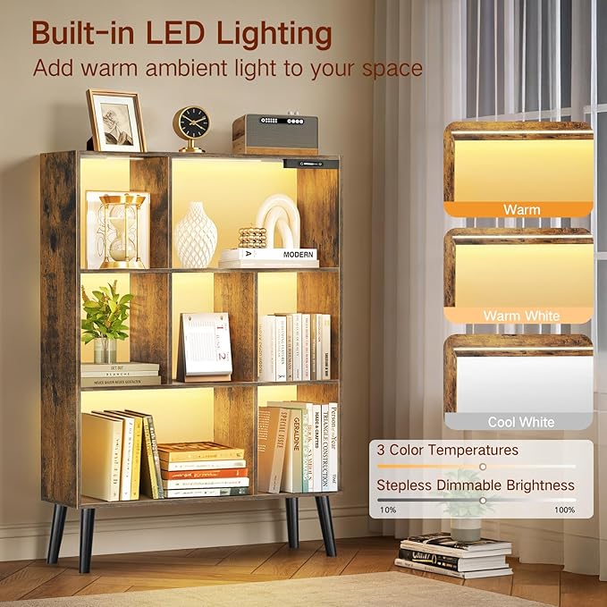 7-Cube Bookshelf with LED Lights, Touch & Remote Control, Freestanding Open Bookcase Storage Shelf, Dimmable Modern Wooden Display Organizer with Legs for Living Room, Bedroom (Rustic Brown)