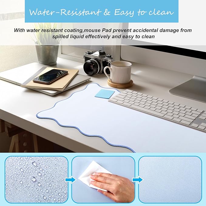 Hahafelt Scalloped Desk Mat Large Scalloped Piping Cute Desk Mat Aesthetic Preppy Table Pad Large Nonslip Pad with Edge Stitching Waterproof Gaming(Blue,31.5 x 15.8 Inches)