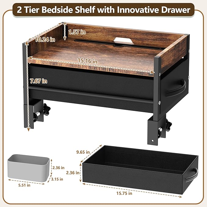 Bedside Shelf for Bunk Bed, 2 Tier Clip On Bed Shelf with Drawer & Cable Management, Under Mattress Bedside Shelf for Dorm Room, Loft Frame, College Dorm Essentials, Back to School (Brown)