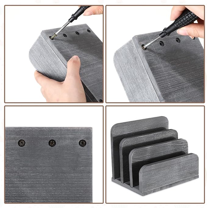 Briwooody Wooden Mail Organizer 3 Slots Mail Holder for Desk Wood File Paper Letter Holder for Letter Envelope Filing Cell Phone Document Storage, Organizer Tray for Office and Home(Grey)