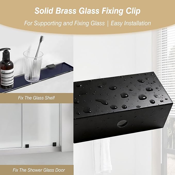 Solid Brass Glass Clamp – Fixed Mount Bracket Hardware Kit for 3/8" to 1/2" (10-12mm) Glass, Matte Black