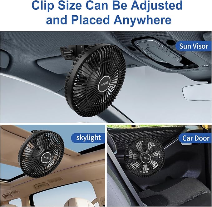 XOOL Clip Car Fan, 9 Inches 12V/24V Fan, 360° Rotatable Electric Cooling Clip on Fan with Stepless Speed Regulation for SUV, RV, Truck