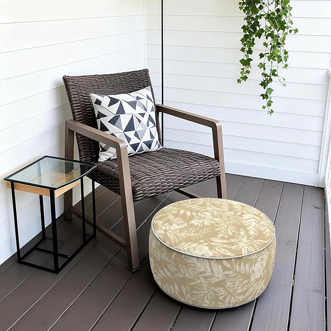 Outdoor Patio Inflatable Ottoman, 21x9 Inch Portable Stool Ottoman with Handle, Round Footrest Stool for Home Garden Camping, Tropical Leaf Oat