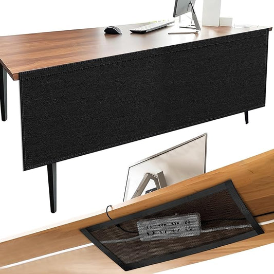 14.9 x 60 Inch Under Desk Privacy Panel with Cable Management Net Desk Skirt Modesty Desk Panel Self-Gripping Straps for Office and Home