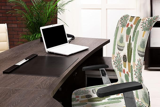 Ambesonne Cactus Office Chair Cover, Pattern with Succulent Plants and Cactuses in Pots Botanical Floral Mexican Garden, Stretchable Decorative Universal Size High Back Printed Slipcover, Fern Green
