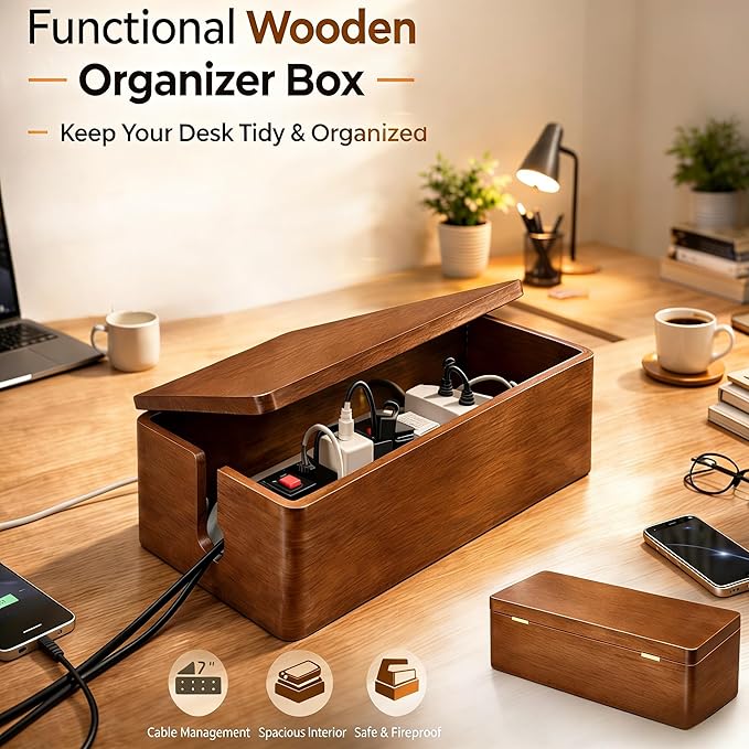 Tikora Real Wood Cable Management Box - Minimalist Home Office Decor - Walnut Finish Cord Organizer to Hide Wires & Power Strips - Spring Cleaning Essential for Desk & TV Stand - Safe for Pets & Kids