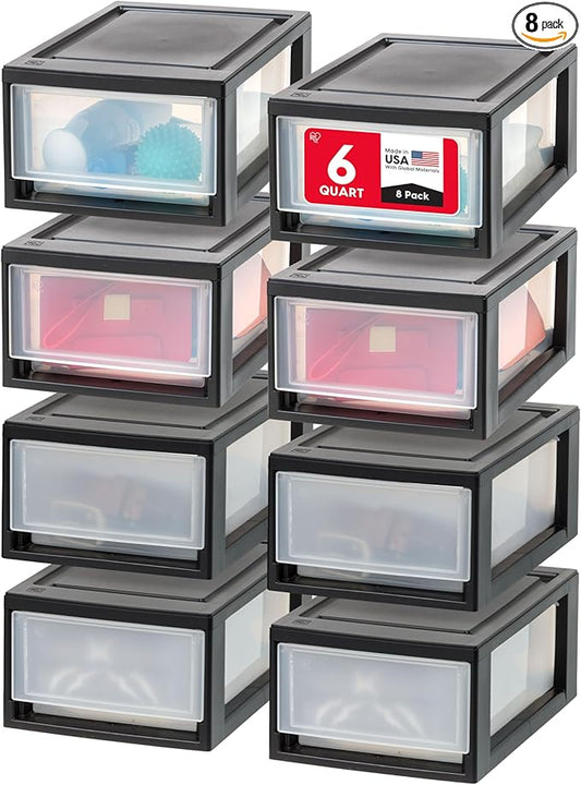 IRIS USA 6 Qt. Plastic Drawer Storage Organizer Stacking Drawers, 8-Pack, Stackable Unit with Sliding Drawer for Clothes Bedroom Kitchen Under Sink Pantry Craft Room Bathroom Dorm Office, Black