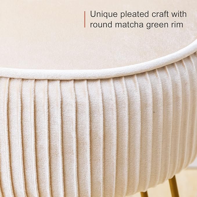 LUE BONA Pleated Vanity Stool, Velvet Upholstered Round Modern Stool for Makeup Room, Ottoman Footrest with Metal Legs for Living Room, Bedroom, Champagne