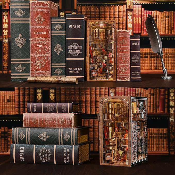 MiniCity Book Nook Kit, DIY Miniature Dollhouse Booknook Kit, 3D Wooden Puzzle Bookend Bookshelf Insert Decor with LED Light for Teens and Adults (Abbey Library)