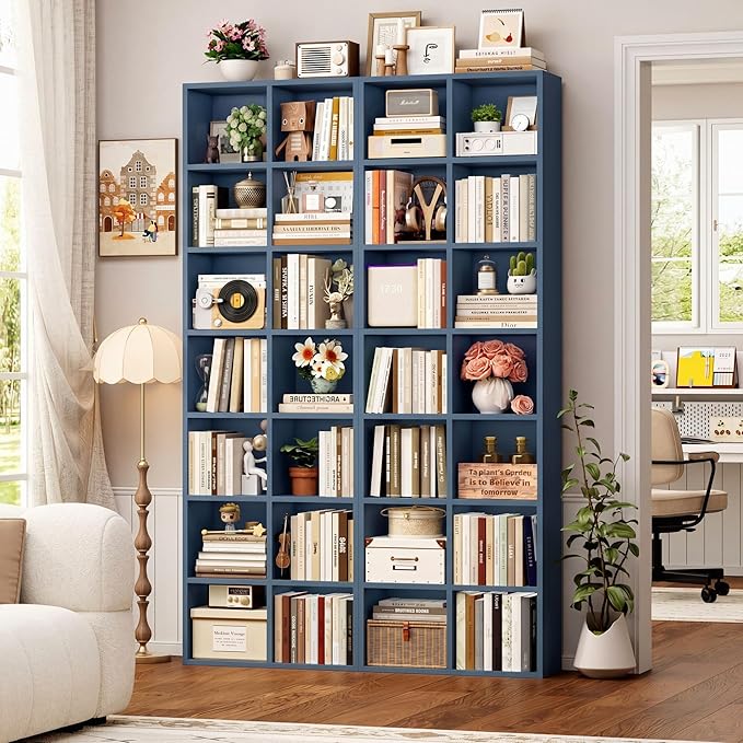 FOTOSOK 71'' Tall Bookshelf with 14 Cubes, 7 Tier Double Wide Bookshelf with 6 Adjustable Shelves, 19.6" Narrow Bookcase DVD/CD Media Storage Shelf, Space Saving Display Shelf Cabinet, Blue