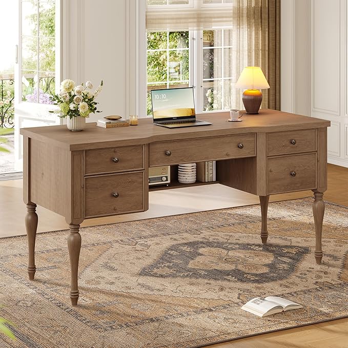 59in Wood Executive Desk with 4 Drawers, Farmhouse Home Office Desks with File Cabinet & Keyboard, Vintage Desk with Privacy Panel and Storage Shelf, Retro Desks for Working, Writing, Studying