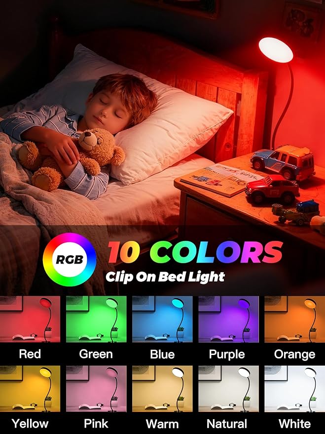 Clip on Light,10 RGB Colors&10 Brightness Clip on Lamp,500LM Bright Reading Light for Bed,Clip on Desk Lamp Reading Lamp with USB Adapte for Bed/Headboard/Bedside/Desk/Puzzle/Craft