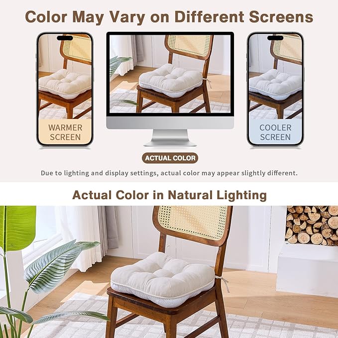 BETU Chair Cushions for Dining Chairs Set of 2,3.5" Thick Kitchen Table Chair Pads with Ties,Non Slip Backing and Covers, Seat Cushion for Dining Room,Bar,Patio Chairs,15.5"X15.5"X3.5",Beige