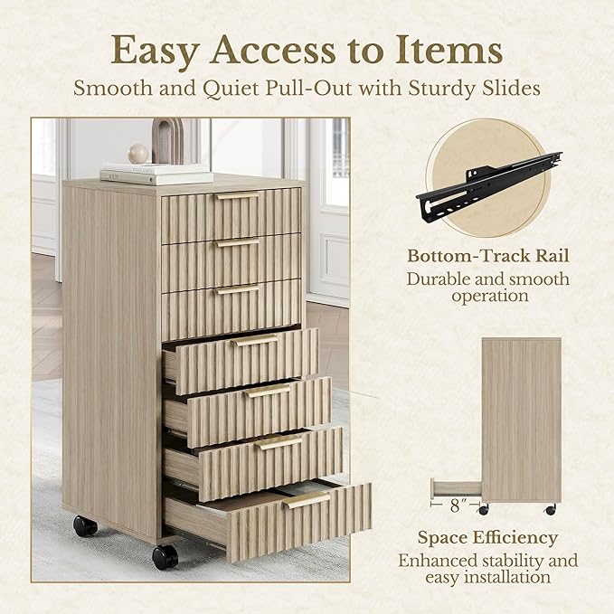 7 Drawer File Cabinet, Wooden Office Cabinet with Drawers, Fluted Storage Filing Drawer for Home Office, Light Walnut
