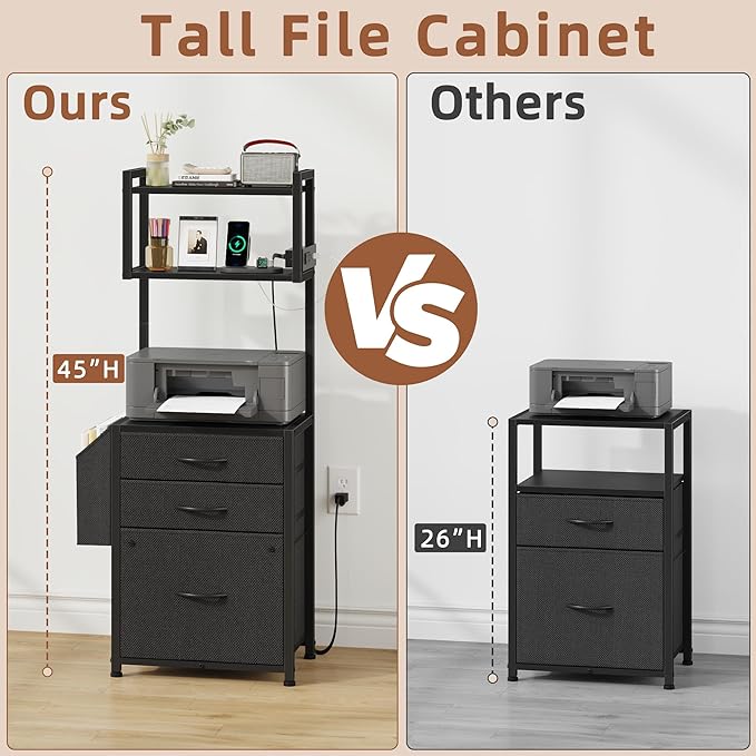 HIGDBFE Small 3 Drawer File Cabinet with Charging Station, 45''H, 3-Tier Filing Cabinet for Home Office, 11''*16'' for Small Printer, Fabric Drawer Fits Letter/A4, Tall Printer Stand, Black