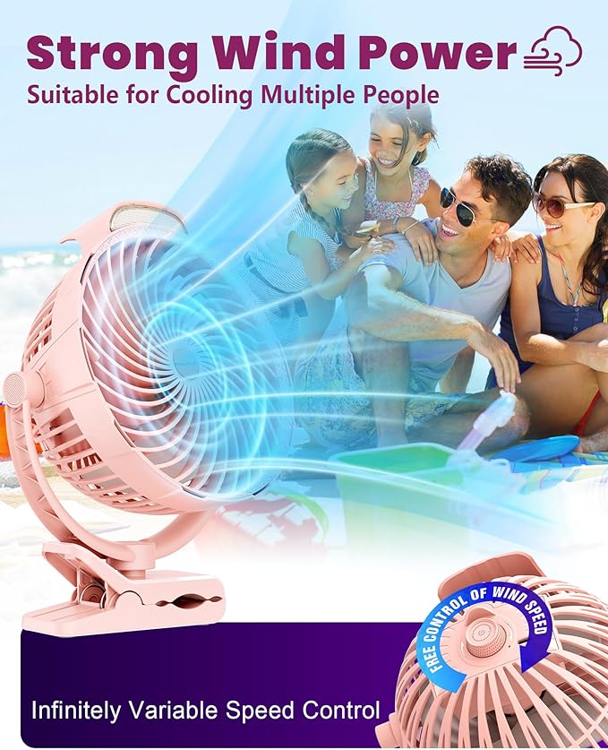 10000mAh Clip on Fan, 8-Inch Golf Cart Fan Rechargeable with LED Light, 9 Speeds Strong Airflow, Ultra Quiet, 30Hrs Runtime, 360° Rotation, Cooling for Bed Camping Office Desk Dorm, Pink