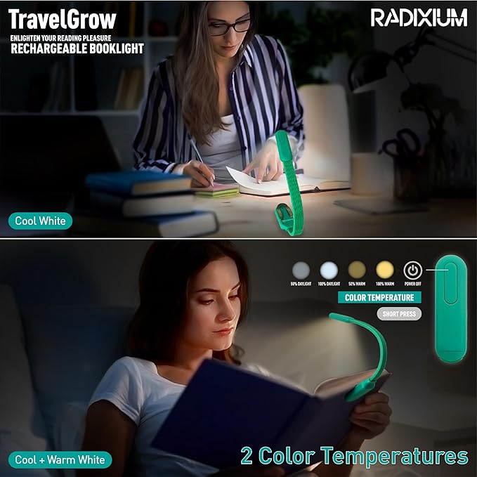 Rechargeable Book Light for Reading in Bed, 4 Color Temperatures Eye-Caring LED, Portable Clip On Reading Light with Magnetic Base, Hands-Free for Travel, Night Reading (Green)