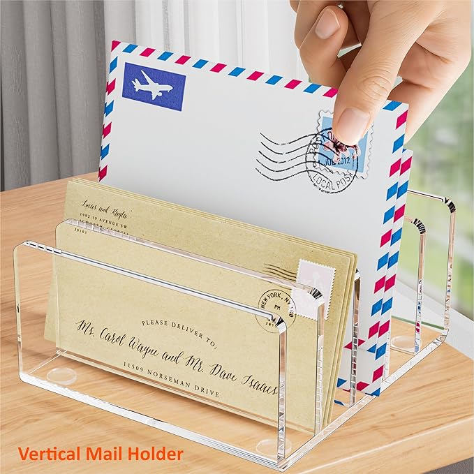 FUCDTEFC Desk Mail Organizer, 5 Section Clear Acrylic File Holder Letter Organizer, Vertical Lightweight Modern Envelope Holder Desk Accessories & Workspace Organizers for Office, Home, School