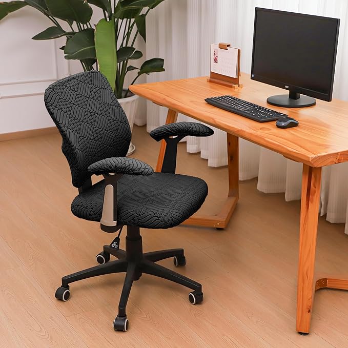 4 Pieces Split Office Chair Cover Large for Desk Chair Back and Seat with Armrest Covers Jacquard Stretch Black Office Chair Slipcovers Set Washable