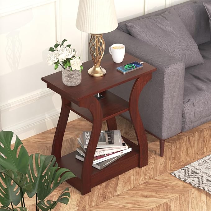 FROMJBEST End Tables Living Room, Cherry End Table with Charging Station, Nightstand for Bedroom, 3 Tier End Table with Storage Shelf for Living Room(Cherry)
