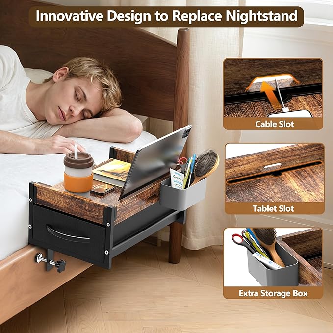 Bedside Shelf for Bunk Bed, 2 Tier Clip On Bed Shelf with Drawer & Cable Management, Under Mattress Bedside Shelf for Dorm Room, Loft Frame, College Dorm Essentials, Back to School (Brown)