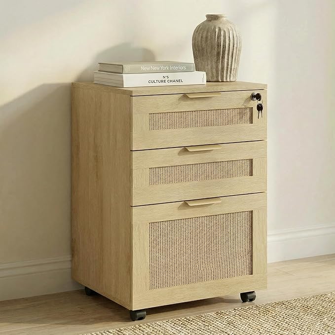 Lateral File Cabinets for Home Office, 3 Drawer Filing Cabinet with Lock, Rattan Filing Organization Storage Cabinets with Printer Stand for Hanging Files/Letter/Legal/A4/F4 Size, Natural Wood
