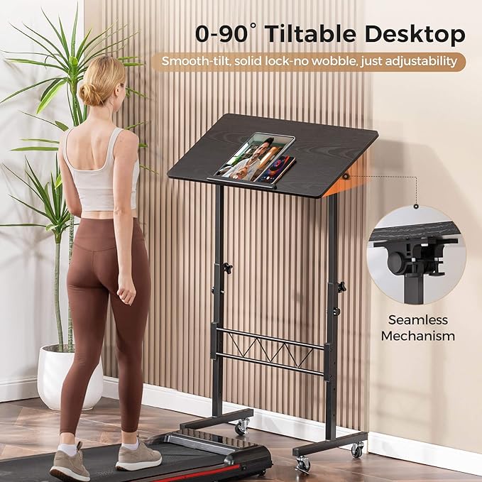 COMHOMA Standing Desk Adjustable Height & Tiltable Tabletop, Portable Stand Up Desk for Laptop, Mobile Folding Desk for Home Office Work and Walking Pad Treadmill, Height 30.7"-46.4", Black