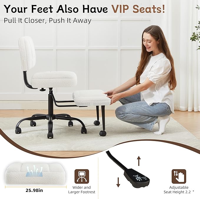 Ergonomic Criss Cross Legged Office Chair, ADHD Chair, 360° Swivel Meditation Kneeling Chair with Wheels, Adjustable Footrest, Wider Height Adjustable Seat, Lumbar Support, Teddy Fabric, OffWhite