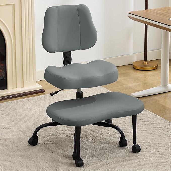 Criss Cross Legged Meditaion Chair,Exquisite Home Office Furniture,Ergonomic Kneeling with Lumbar Support and Adjustable Height Stool,for ADHD Adults,Teddy Fabric (Grey, Faux Leather)