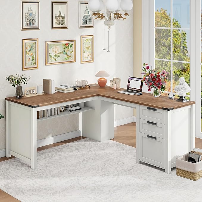 Vabches Farmhouse L Shaped Executive Desk, Corner Computer Desk with Drawers and Storage Shelf L-Shaped Standing Executive Desks with Power Outlets for Home Office, Study, Bedroom (White and Brown)