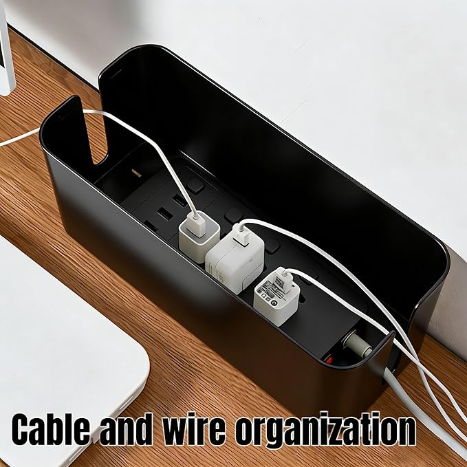 1Large+1Small Cable Organizer Set with 4 Silicone Cable Ties, 2-Piece Cable Management Box, Bamboo Lid Cord Organizer for Home Office,Set of Two Cable Box,Cable Organizer Box(Bamboo lid/Black)