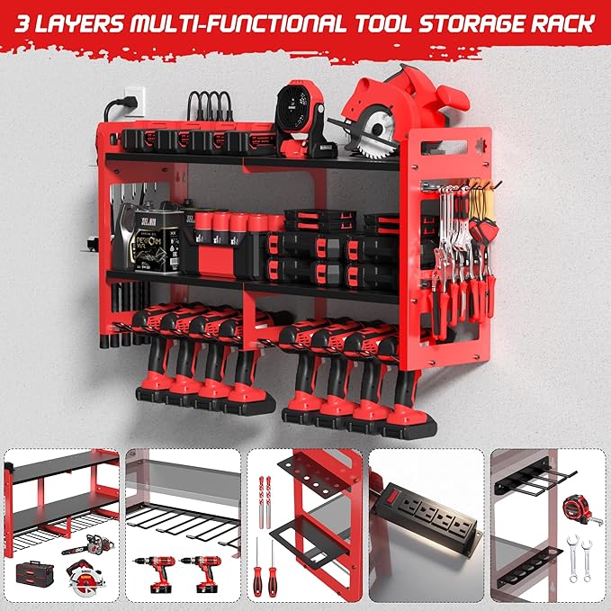 TOPRINCE Large Power Tool Organizer Wall Mount with Charging Station, 3-Tier Heavy Duty Metal Tool Rack with 8 Drill Holders and 6FT Power Strip, Garage Workshop Storage.Red